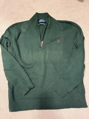 Polo by Ralph Lauren Men’s Dark Green Quarter-Zip Cotton Sweater with Red Pony